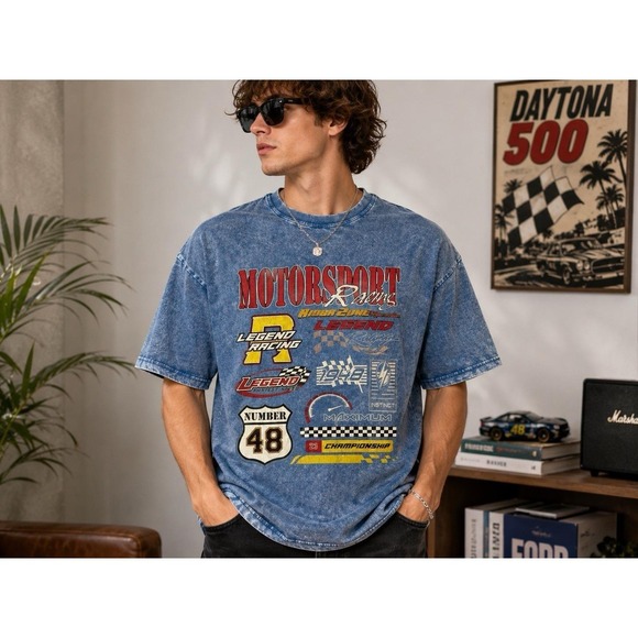 ROMWE Other - Motorsport Racing Graphic T-Shirt Men's Large Blue Acid Wash Number 48 Tee